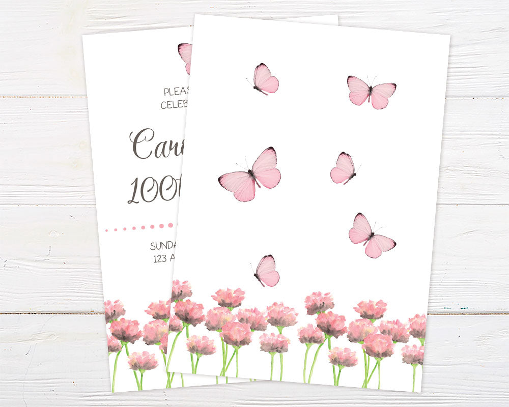 Butterfly Birthday invitation with watercolor pink flowers and butterflies, perfect for a graceful 100th birthday celebration.