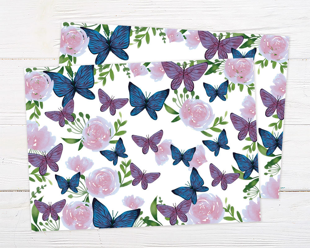 Butterfly Party Invitation with watercolor butterflies, pink florals, and greenery on a white background.