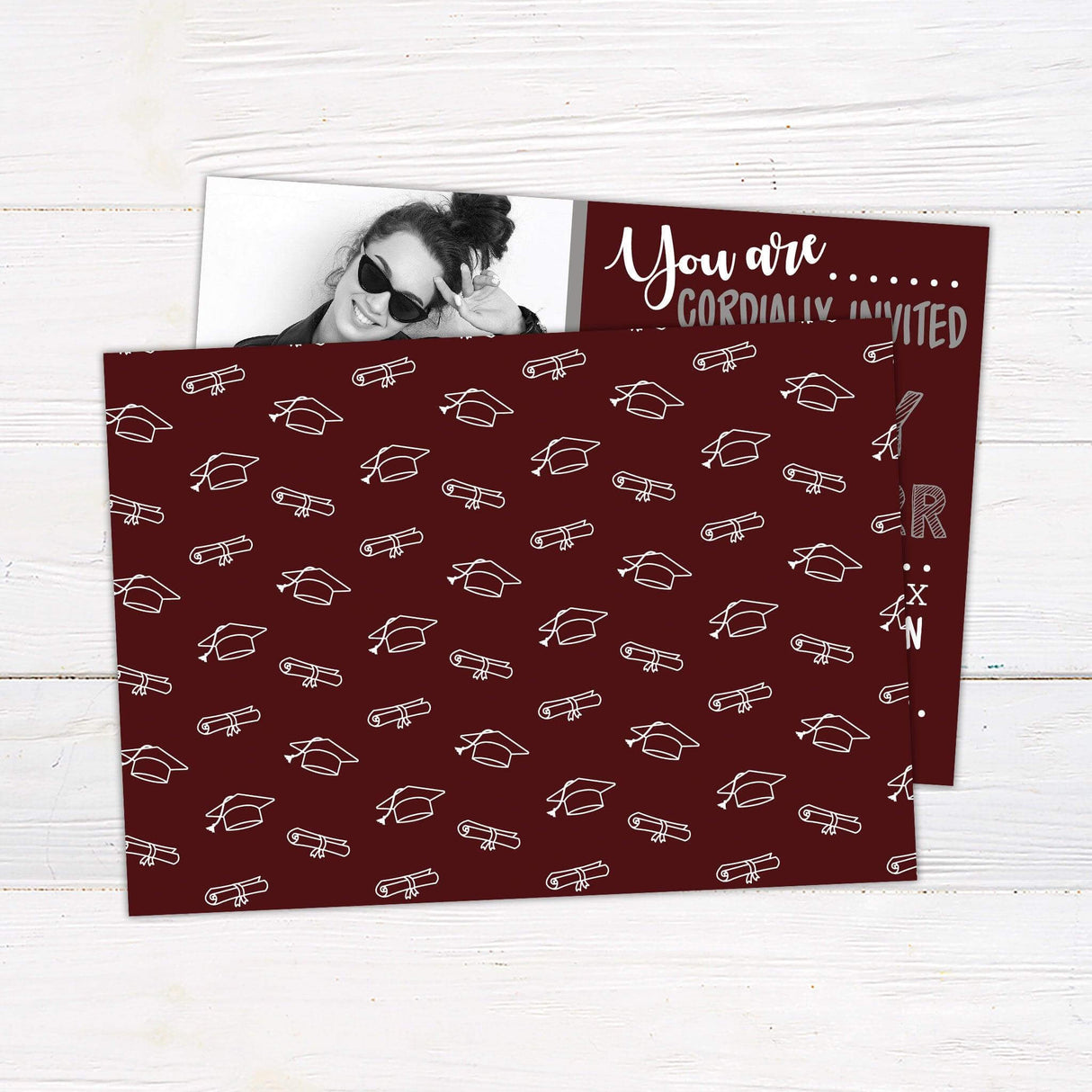 Customizable chalkboard-style graduation invitation with a split design featuring a photo on one side and graduation details on the other. Professionally printed, modern, and elegant. Matching yard signs and banners available. Back Maroon.