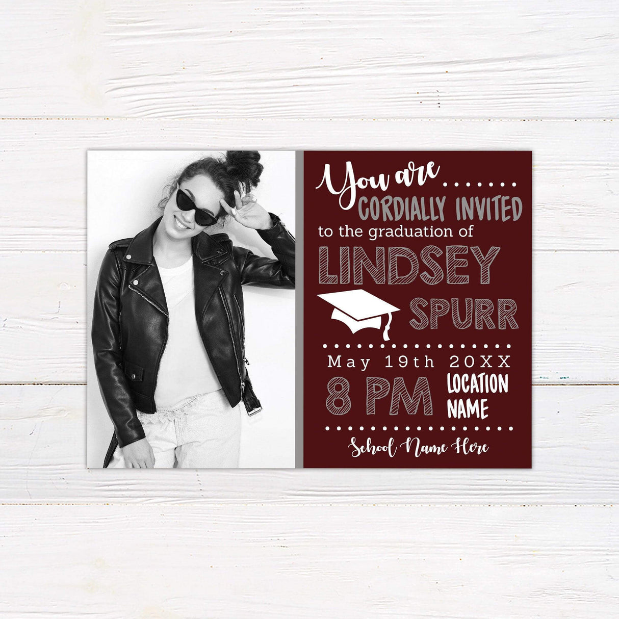 Customizable chalkboard-style graduation invitation with a split design featuring a photo on one side and graduation details on the other. Professionally printed, modern, and elegant. Matching yard signs and banners available. Maroon.