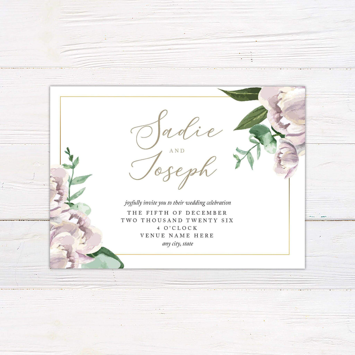 Wedding invitation with soft lavender watercolor flowers, green foliage, elegant script fonts, and a gold border on a white background.