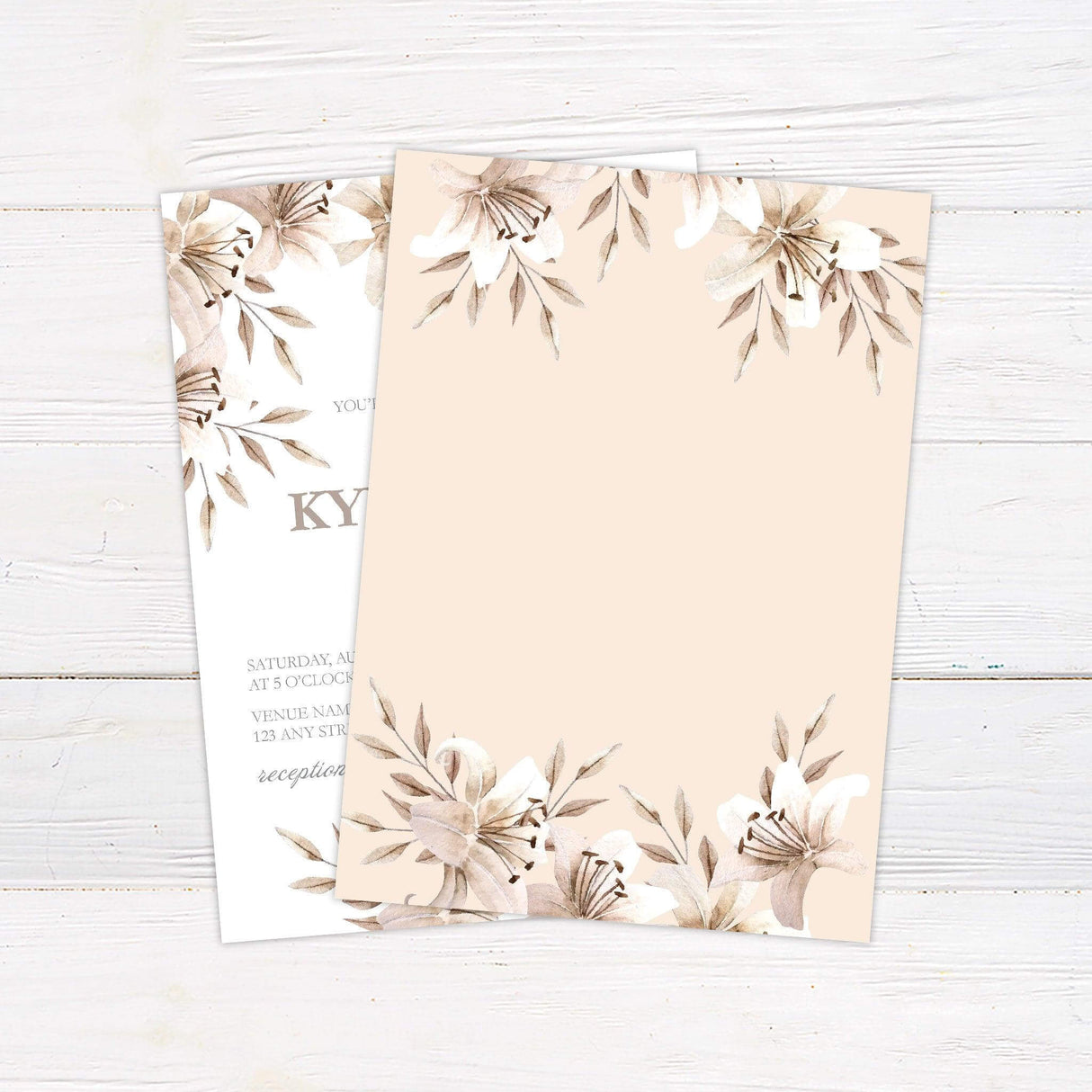 Elegant wedding invitation with pink watercolor flowers and greenery on a white background. back