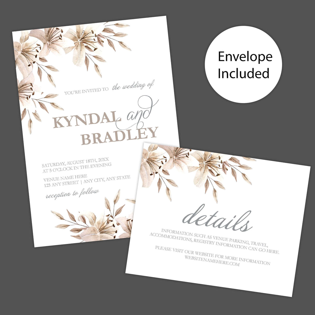 Invitaciones con esquinas florales color champán