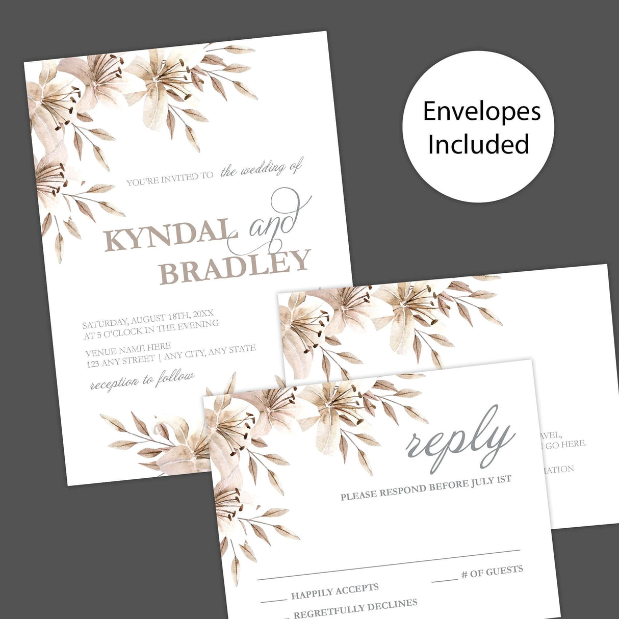 Invitaciones con esquinas florales color champán