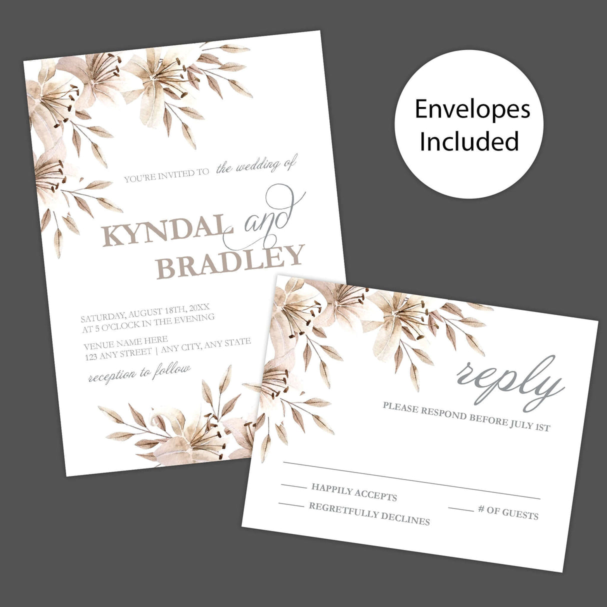 Invitaciones con esquinas florales color champán