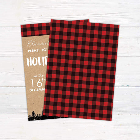 A rustic holiday party invitation with a red plaid border, kraft paper background, and black forest silhouettes. The text provides the date, time, location, and RSVP details for the celebration. - back side.