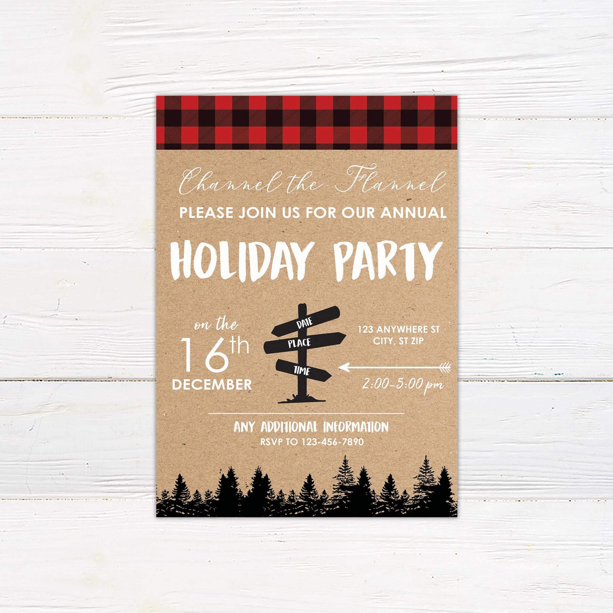 A rustic holiday party invitation with a red plaid border, kraft paper background, and black forest silhouettes. The text provides the date, time, location, and RSVP details for the celebration.