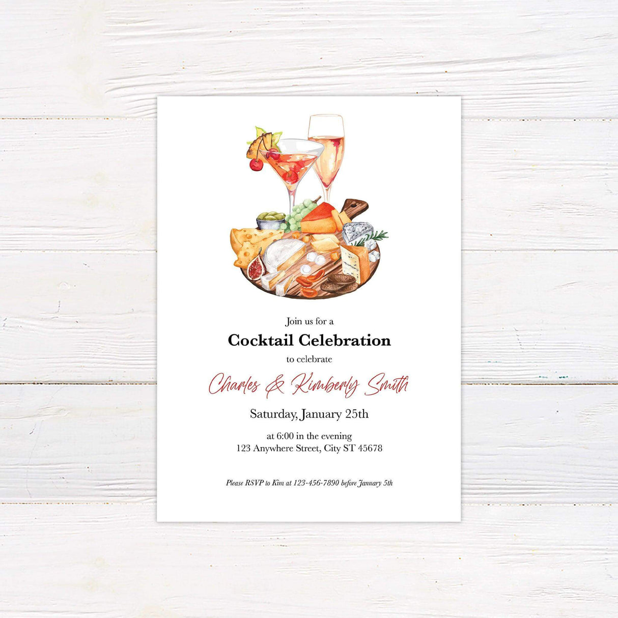 Elegant charcuterie and cocktails invitation with colorful food and drink illustration, perfect for a celebration event.