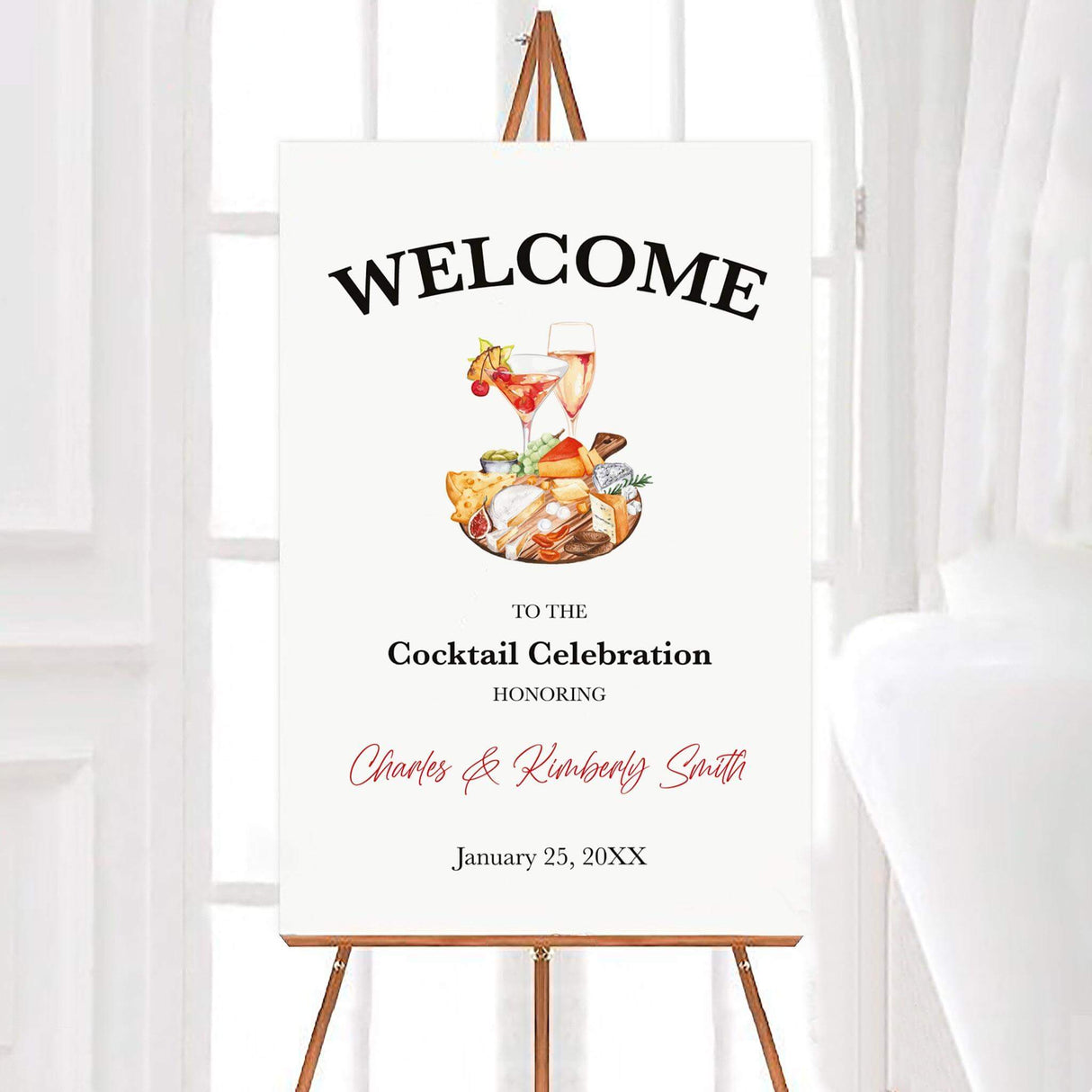 Charcuterie and cocktail-themed event welcome sign on easel, featuring names of honorees and celebration date.