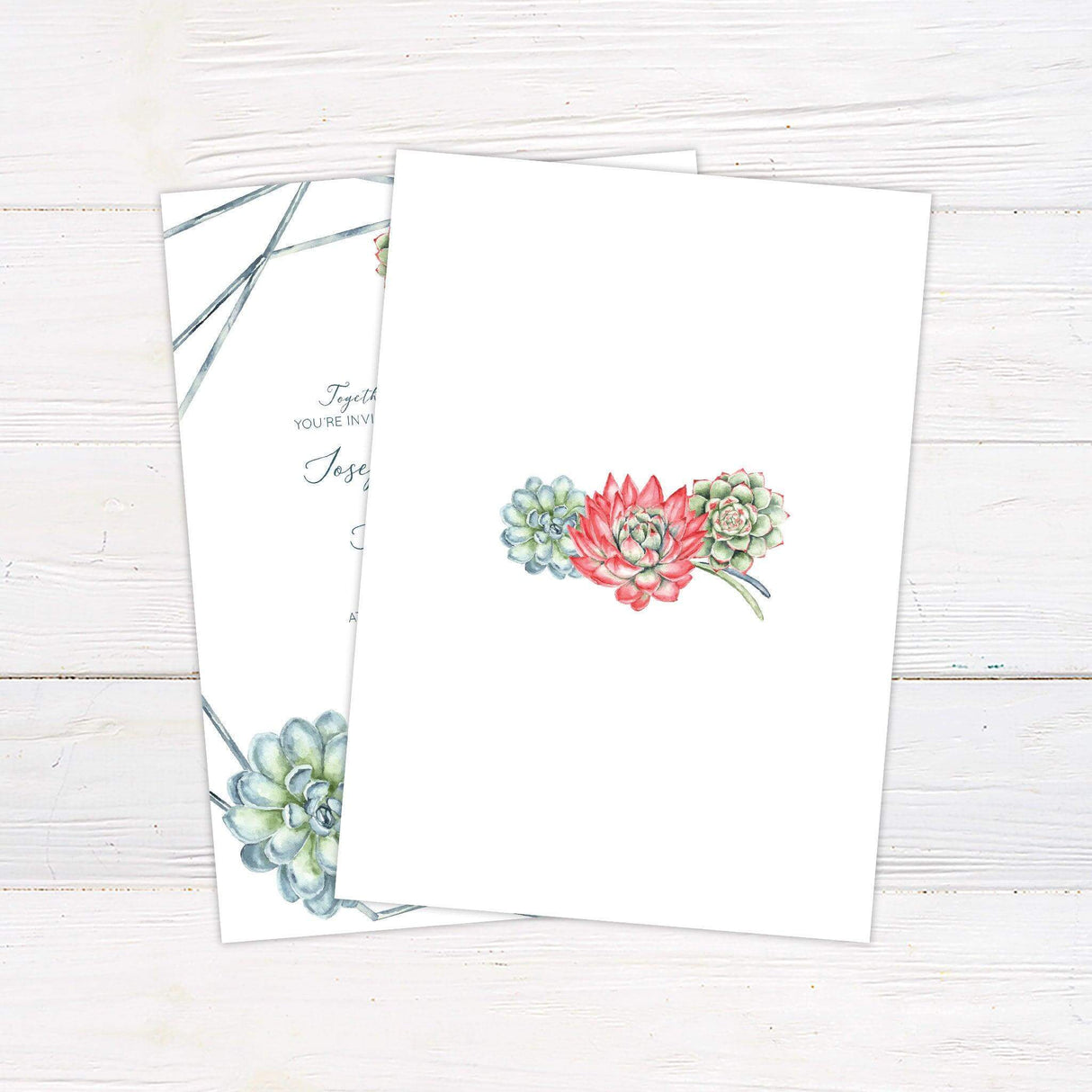Wedding invitation featuring watercolor succulents in green, blue, and coral with a soft botanical frame and elegant script text on a white background. - 
Back
