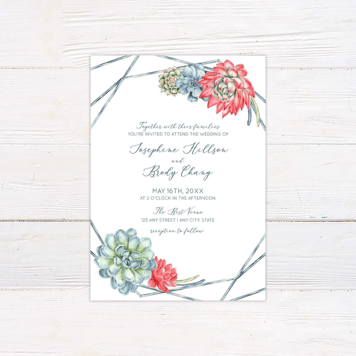Wedding invitation featuring watercolor succulents in green, blue, and coral with a soft botanical frame and elegant script text on a white background.
