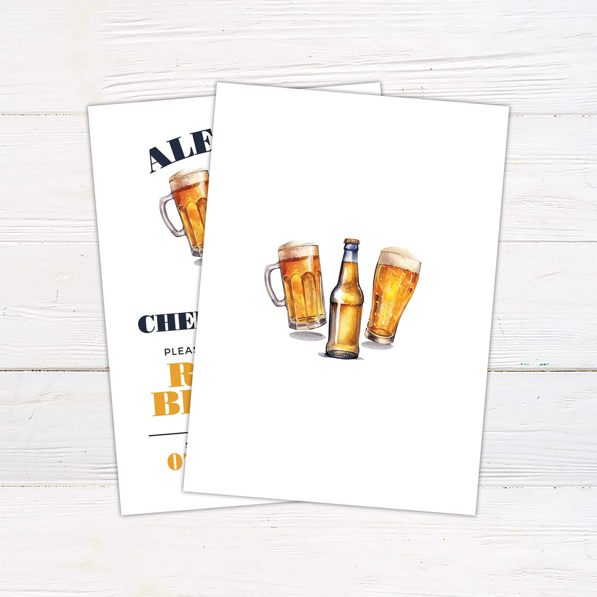 Beer-themed birthday invitation with watercolor illustrations of beer mugs and bottles, playful headline “Ale, Yeah,” and bold fonts. Back