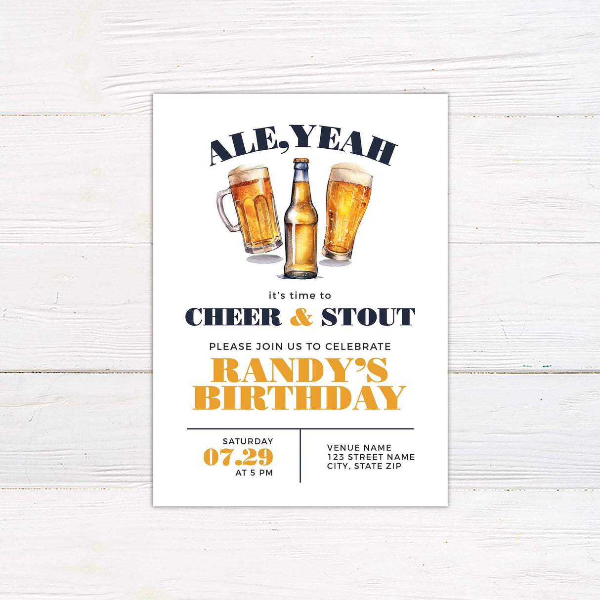 Beer-themed birthday invitation with watercolor illustrations of beer mugs and bottles, playful headline “Ale, Yeah,” and bold fonts.