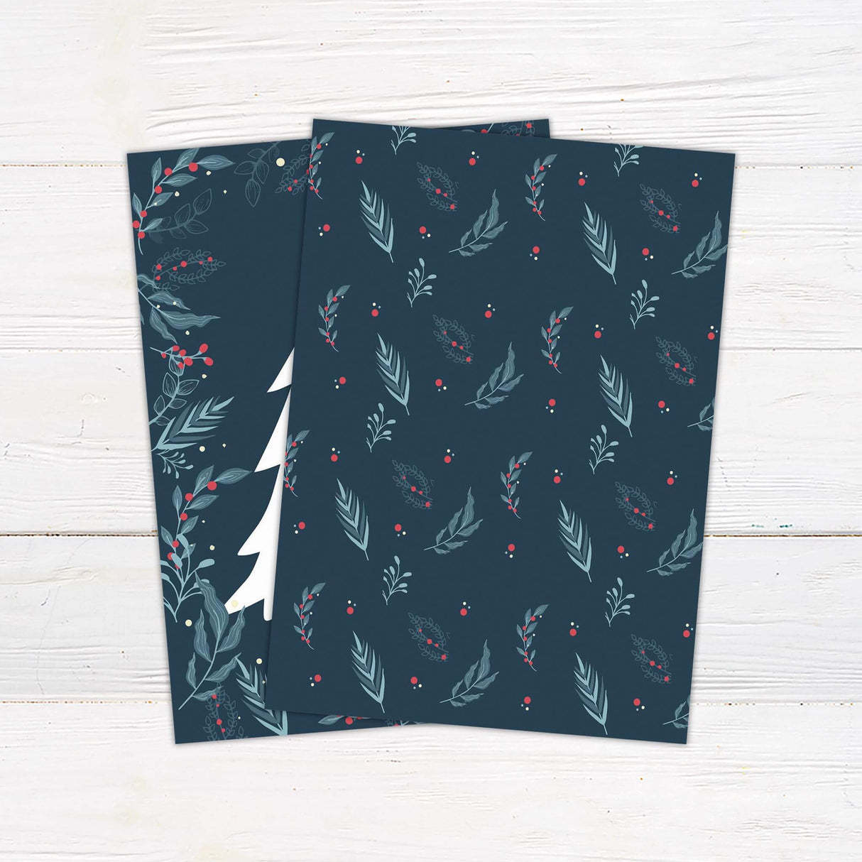 A festive holiday party invitation featuring a large white tree with a star on top, surrounded by winter greenery and berries. The text provides the date, time, location, and RSVP details for the gathering. - back side.