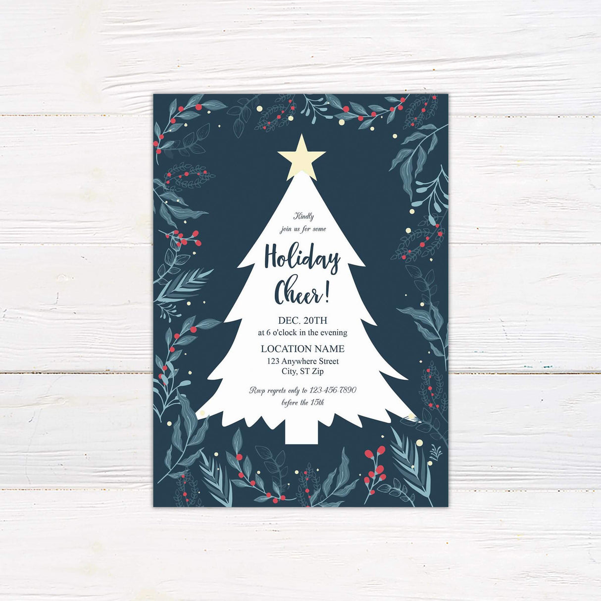 A festive holiday party invitation featuring a large white tree with a star on top, surrounded by winter greenery and berries. The text provides the date, time, location, and RSVP details for the gathering.