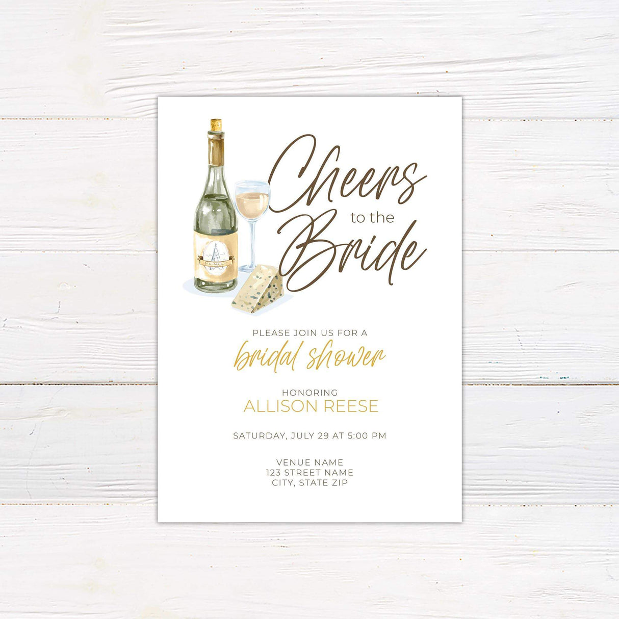 Cheers to the Bride bridal shower invitation with wine bottle, glass, and cheese illustration on rustic white wood background.