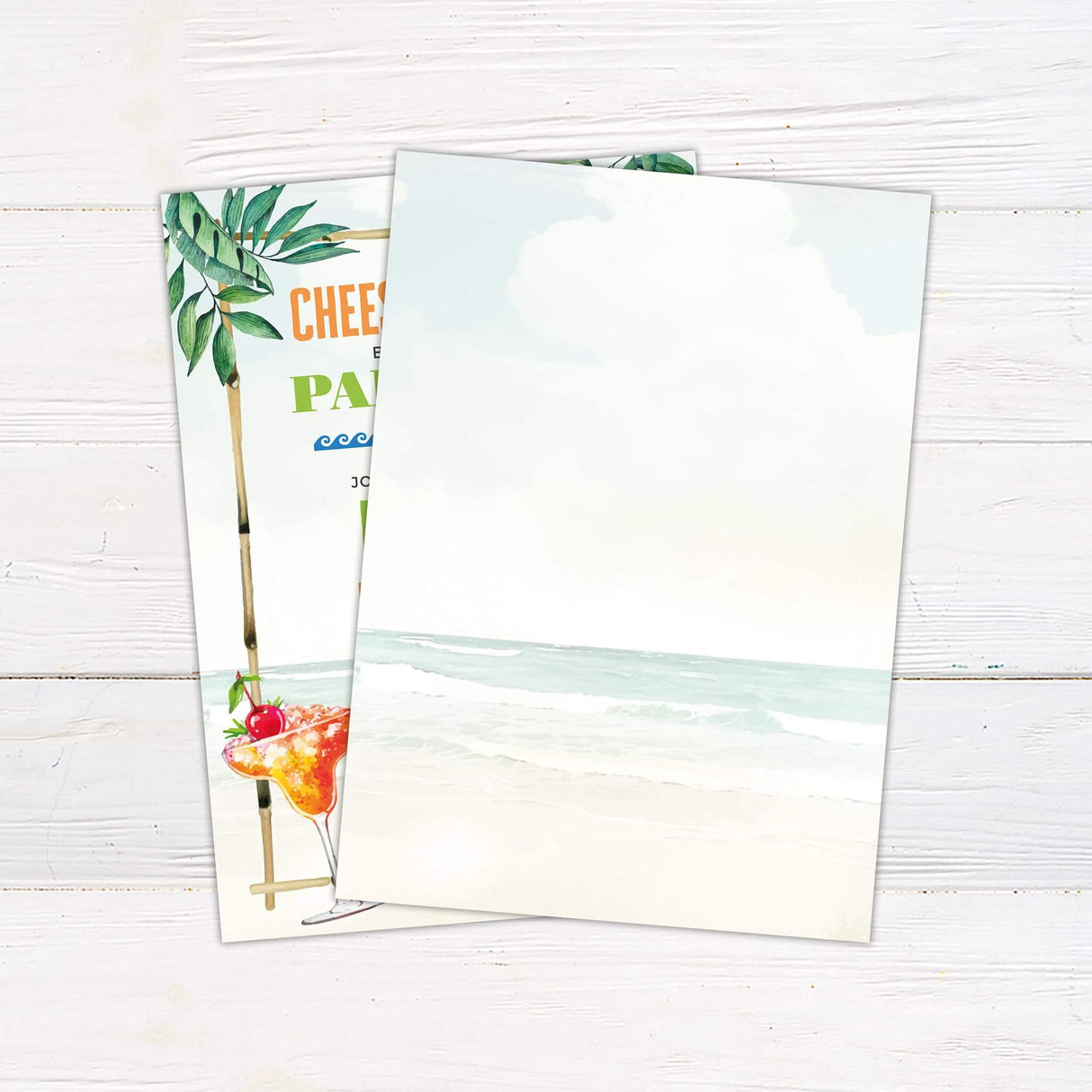A colorful invitation for a beach-themed engagement celebration. The text "CHEESEBURGERS BEFORE THEIR PARADISE" is prominently featured in bold, playful fonts in orange and green. Tropical elements and a cocktail with a cherry, add to the beach vibe. The names of the couple are showcased in large, bright letters, with the event details listed beneath. The background shows a serene beach with waves, and a cheeseburger completes the tropical, relaxed aesthetic.  Back.