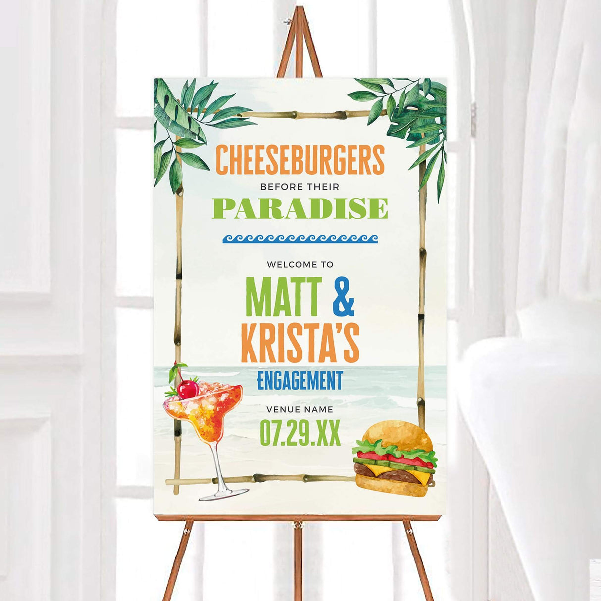 Cheeseburgers Before Paradise engagement sign with beach design, cocktails, and colorful lettering.