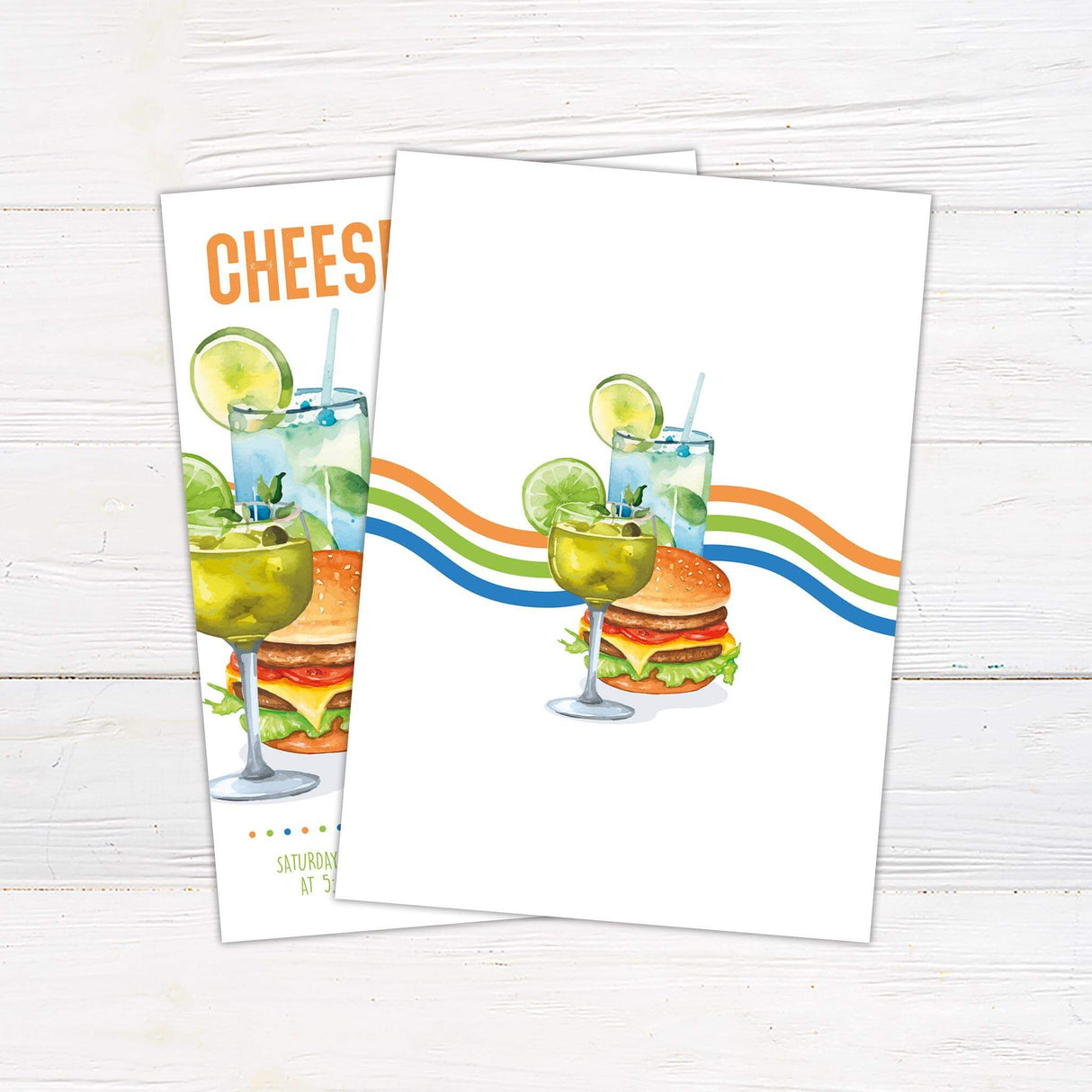 Colorful 'Cheeseburgers Before Paradise' invitation featuring cheeseburgers, drinks, and a vibrant wave design on a wooden background.