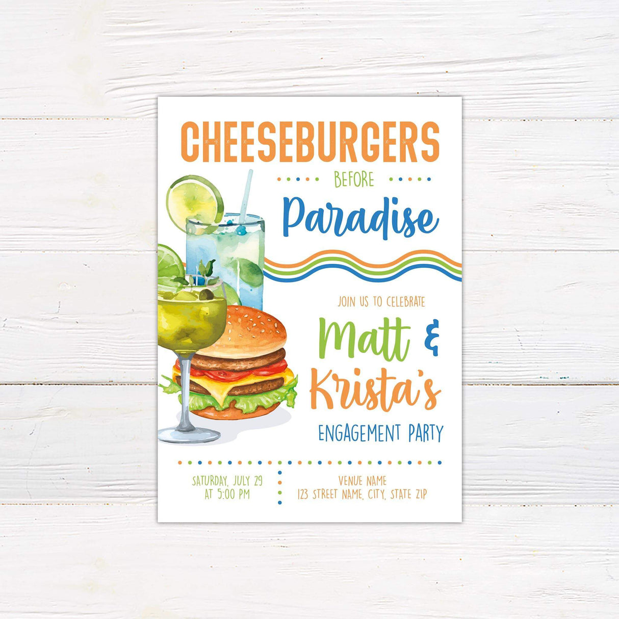 Cheeseburgers Before Paradise invitation card with cocktail and burger illustration for engagement party.