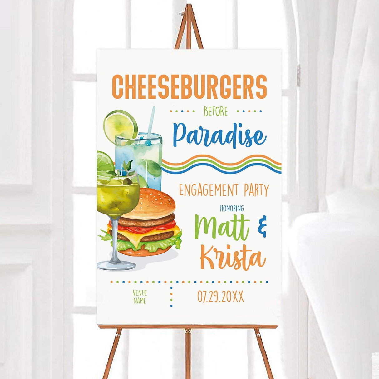 A stylish tropical Cheeseburgers Before Paradise party welcome sign featuring tropical cocktails, illustrated cheeseburger, and colorful typography.