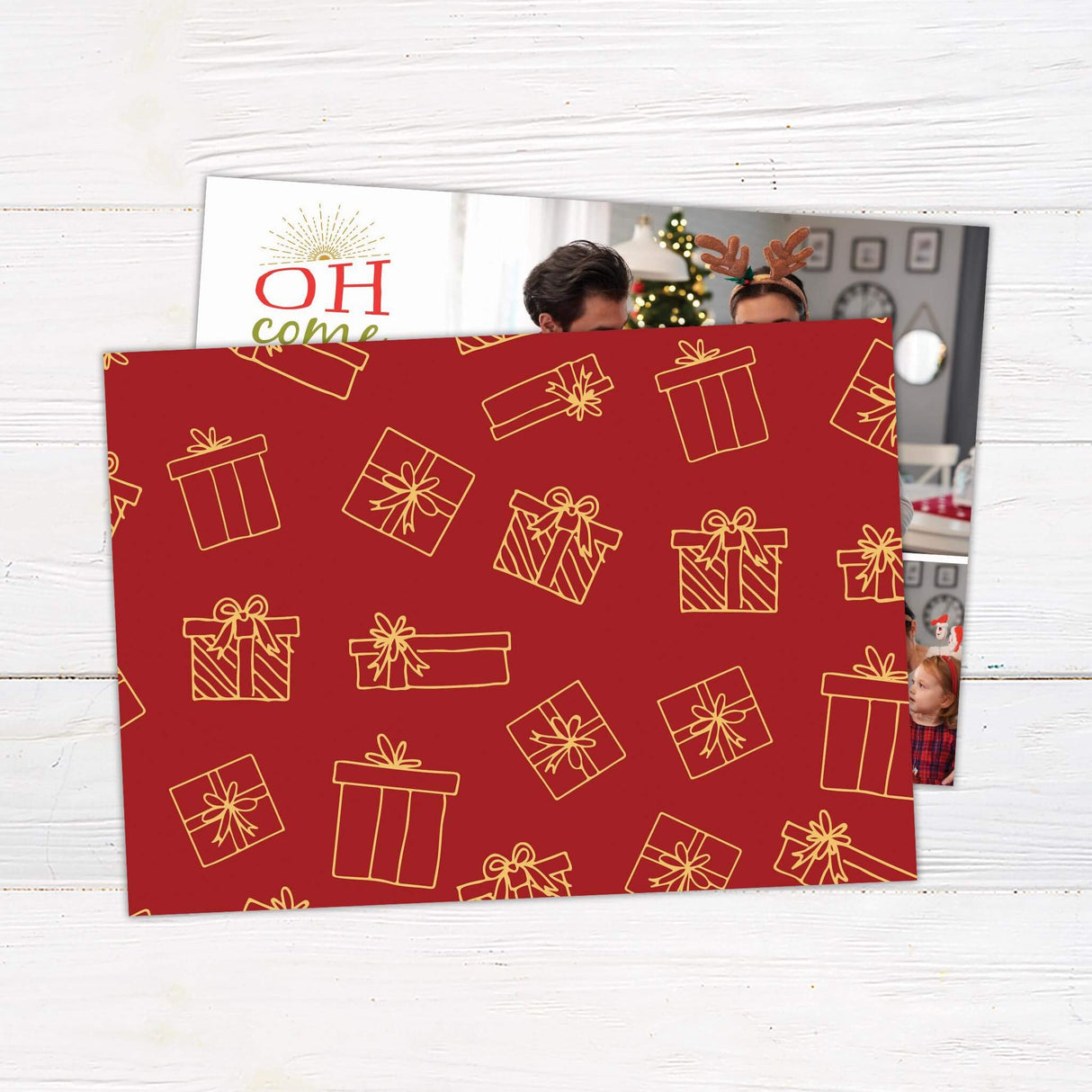 Religious Christmas card with “Oh Come Let Us Adore Him, Christ The Lord” typography and customizable photo spaces for family holiday pictures. - back.