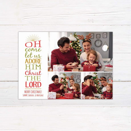 Religious Christmas card with “Oh Come Let Us Adore Him, Christ The Lord” typography and customizable photo spaces for family holiday pictures.