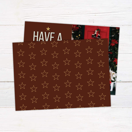 Merry Christmas and Happy New Year card with bold holiday text, personalized family photo, and festive red and green design. - back.