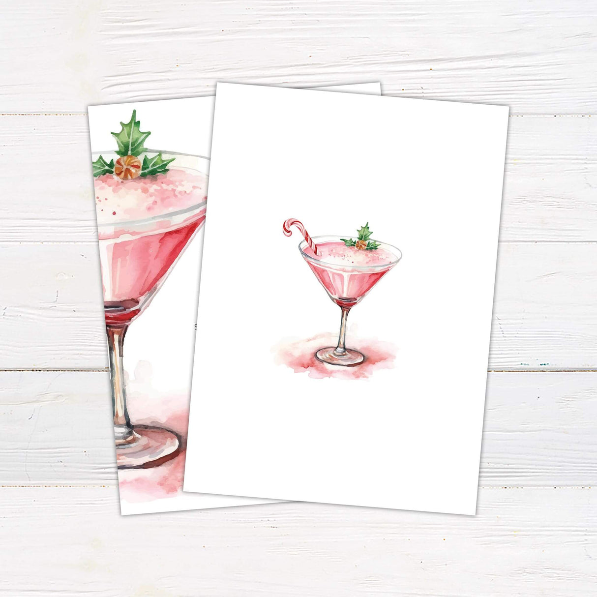 Watercolor cranberry martini with holly garnish on white background, Holiday Cocktail Party Invitation with red and gray modern text. back side