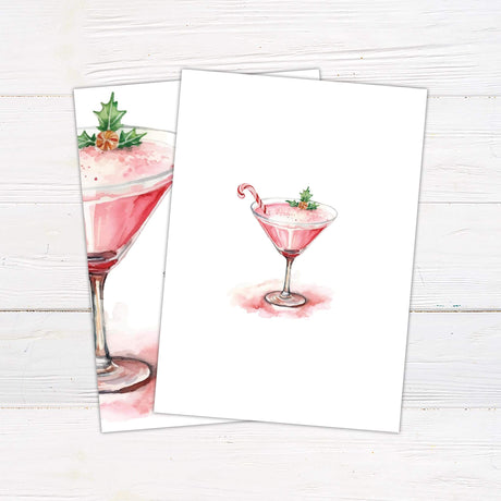 Watercolor cranberry martini with holly garnish on white background, Holiday Cocktail Party Invitation with red and gray modern text. back side