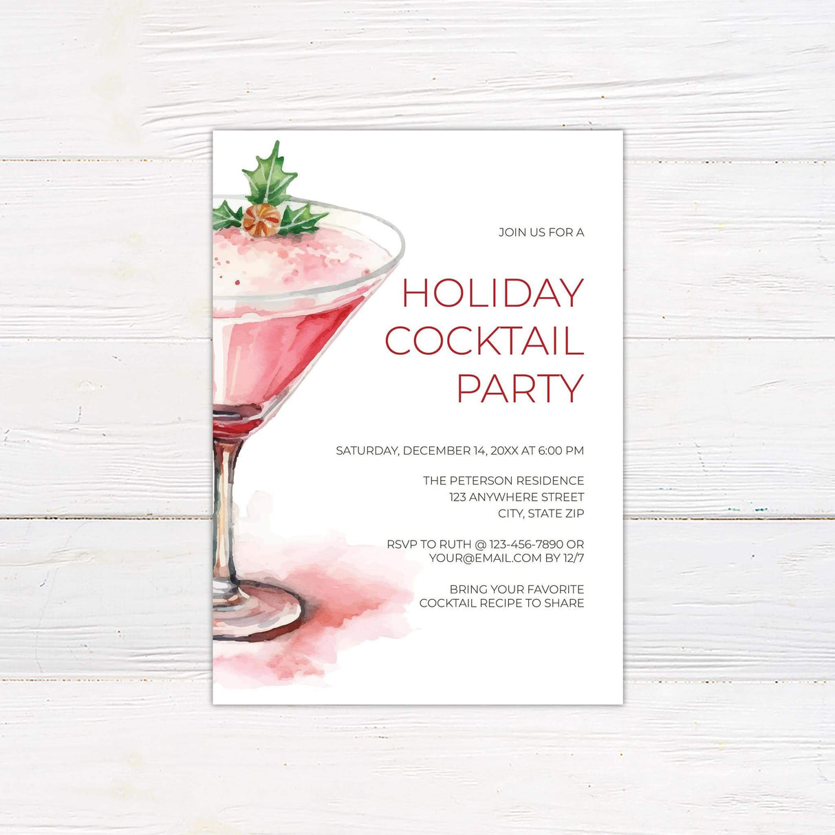 Watercolor cranberry martini with holly garnish on white background, Holiday Cocktail Party Invitation with red and gray modern text.