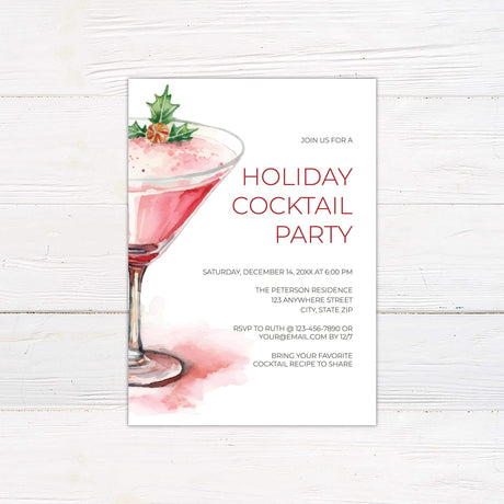 Watercolor cranberry martini with holly garnish on white background, Holiday Cocktail Party Invitation with red and gray modern text.