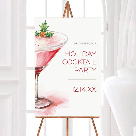 Watercolor cranberry martini with holly garnish on white background, Holiday Cocktail Party Invitation with red and gray modern text. welcome sign