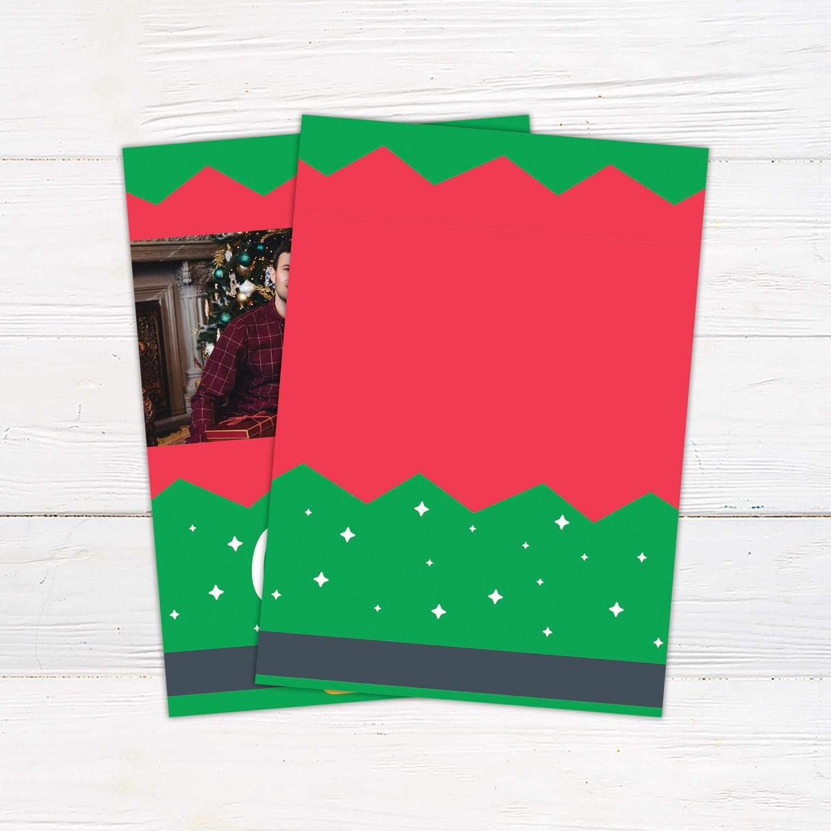 Whimsical Christmas photo card with red and green elf design, personalized with family photo and Santa belt graphic. - back side.
