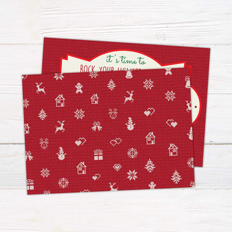 A festive holiday party invitation featuring colorful ugly Christmas sweater illustrations. The design includes bold text with event details on a red and white background. - back side.