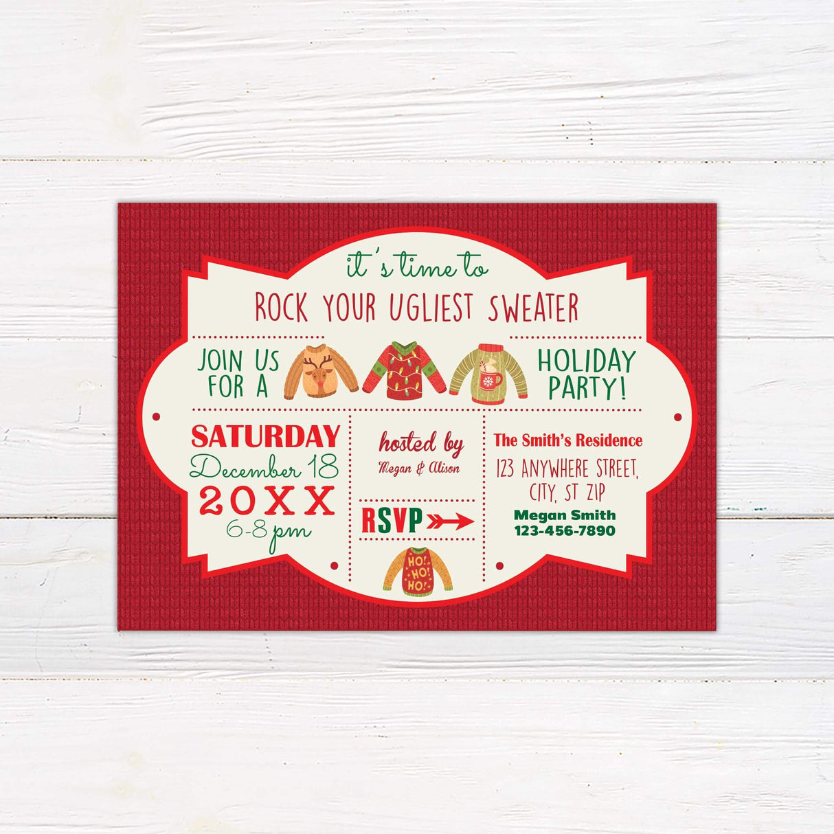A festive holiday party invitation featuring colorful ugly Christmas sweater illustrations. The design includes bold text with event details on a red and white background.