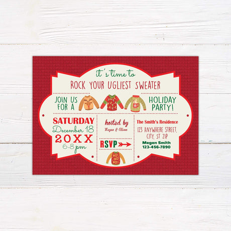 A festive holiday party invitation featuring colorful ugly Christmas sweater illustrations. The design includes bold text with event details on a red and white background.