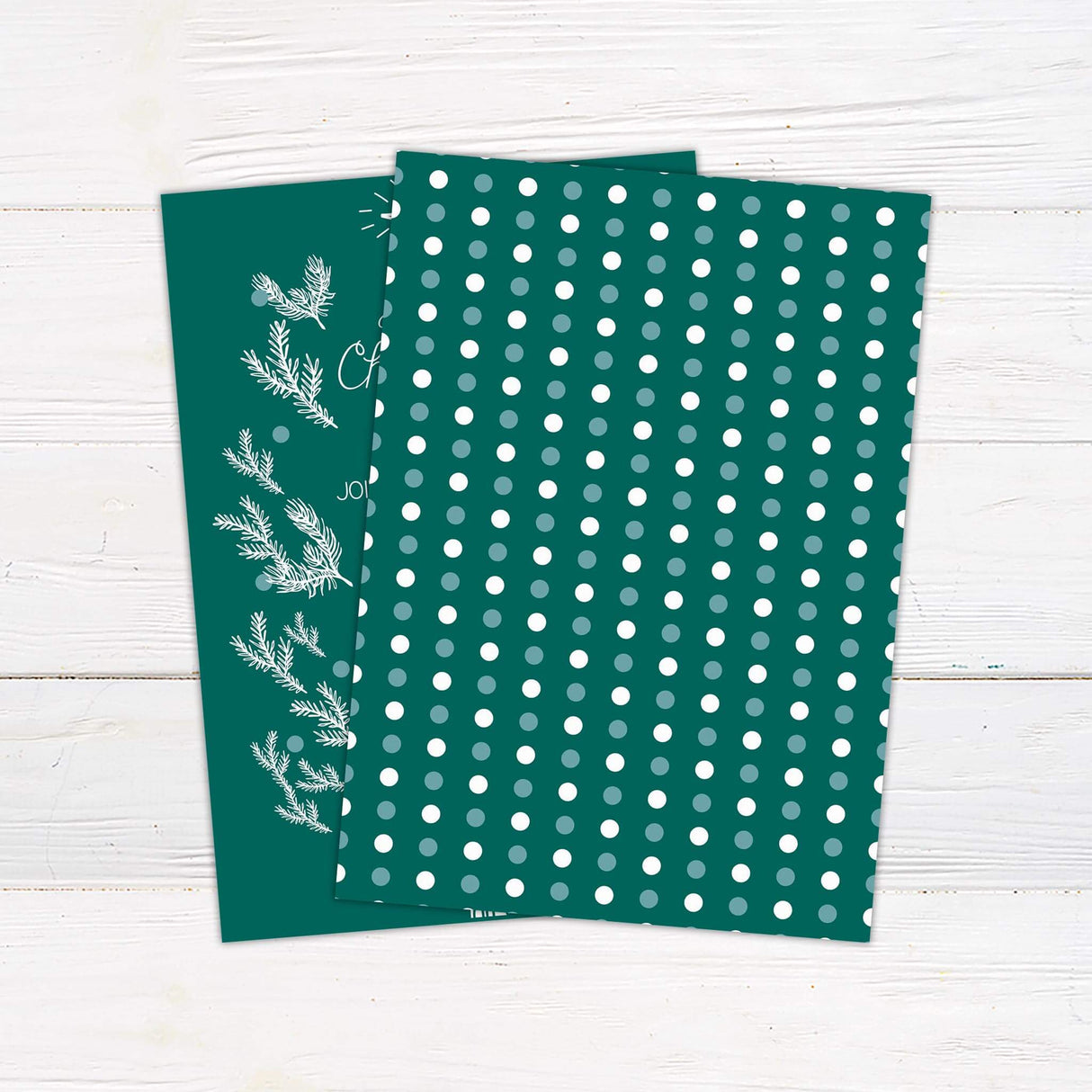 A holiday luncheon invitation with a green background, white pine branch accents, and a simple star illustration at the top. The text includes details about the date, time, location, and RSVP information for the event. - back side.