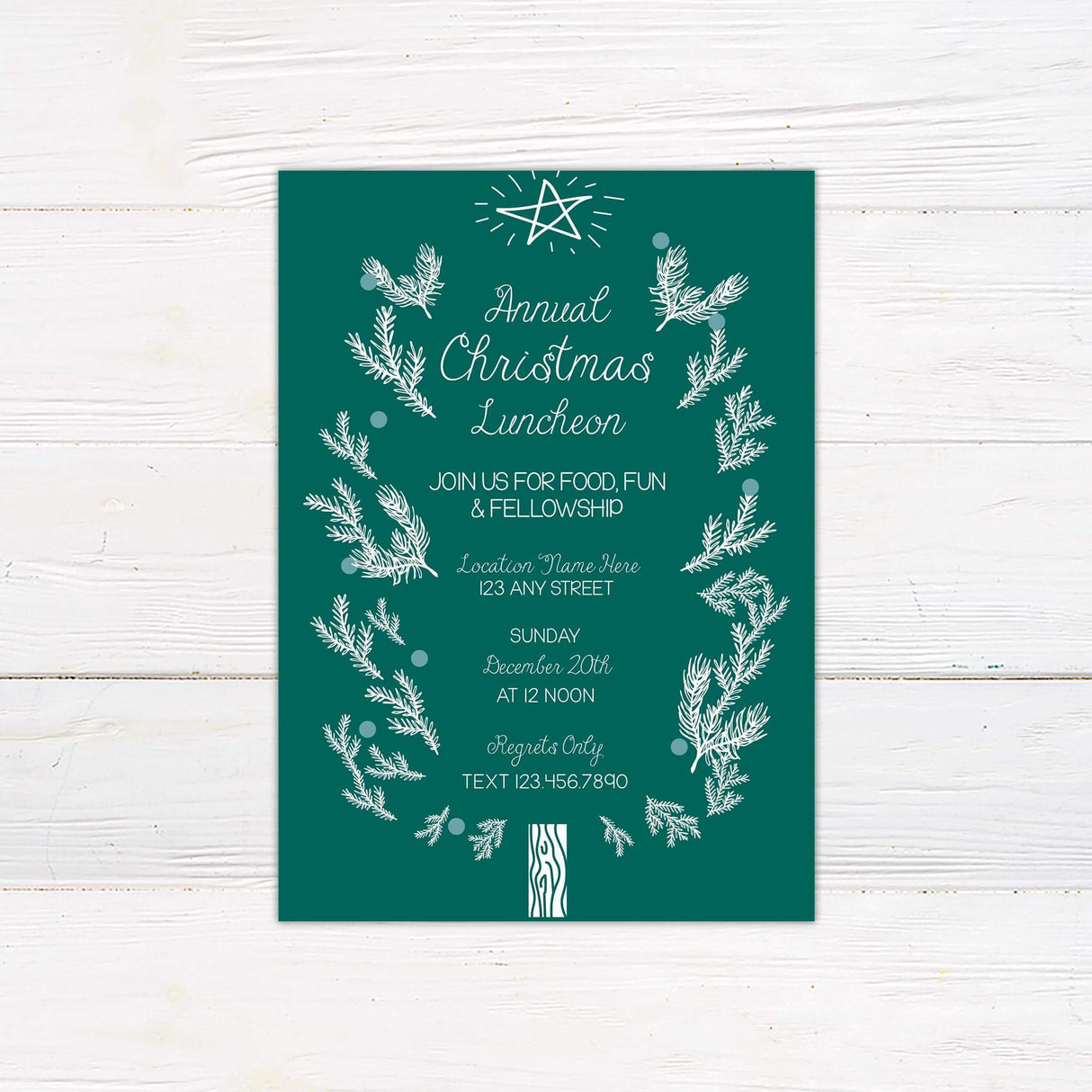 A holiday luncheon invitation with a green background, white pine branch accents, and a simple star illustration at the top. The text includes details about the date, time, location, and RSVP information for the event.