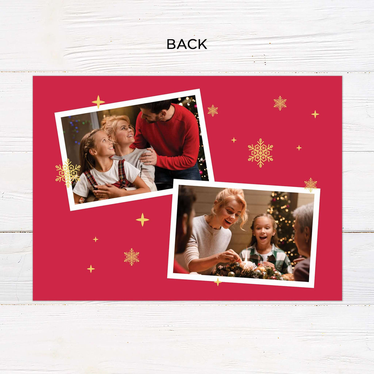 Gatefold Christmas card with a festive red background, decorated with gold snowflakes, a large illustrated Christmas tree, and photo frames with family holiday moments. The design includes a cheerful “Merry Christmas” message and space for personalized names and year details. - back.