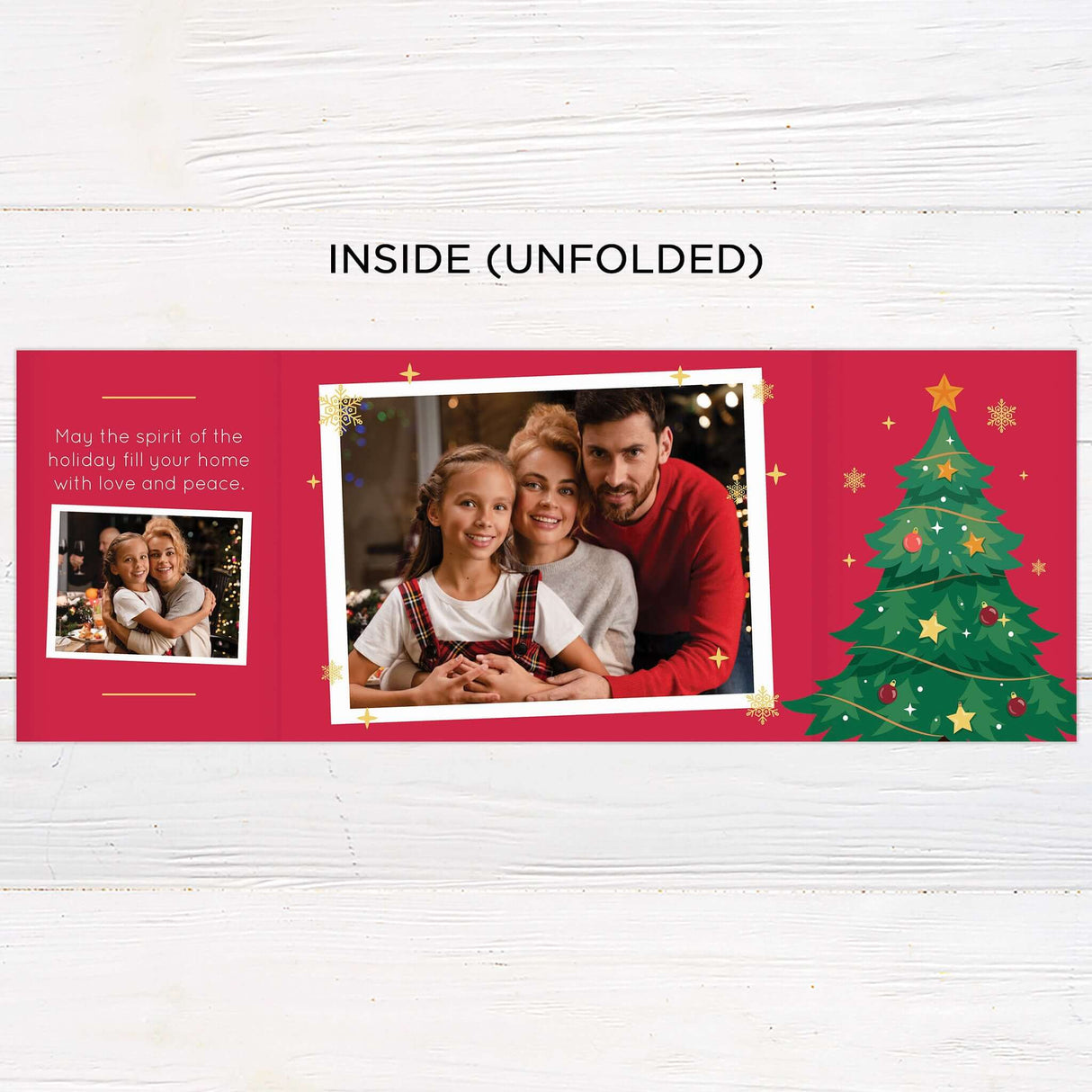 Gatefold Christmas card with a festive red background, decorated with gold snowflakes, a large illustrated Christmas tree, and photo frames with family holiday moments. The design includes a cheerful “Merry Christmas” message and space for personalized names and year details. - inside.