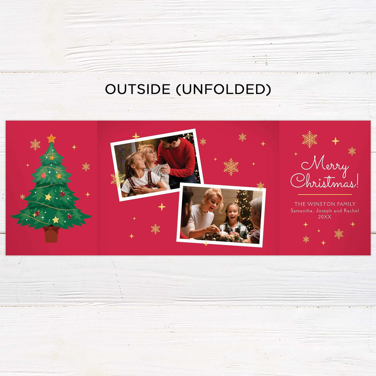 Gatefold Christmas card with a festive red background, decorated with gold snowflakes, a large illustrated Christmas tree, and photo frames with family holiday moments. The design includes a cheerful “Merry Christmas” message and space for personalized names and year details. - outside.