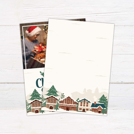 Custom Christmas card with seasonal artwork, editable family name and year, and optional photo area for holiday greetings. back side