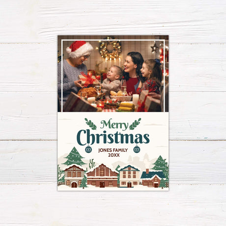 Custom Christmas card with seasonal artwork, editable family name and year, and optional photo area for holiday greetings.