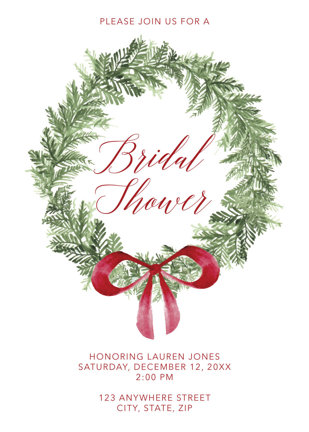 Evergreen Wreath Christmas Bridal Shower Invitation