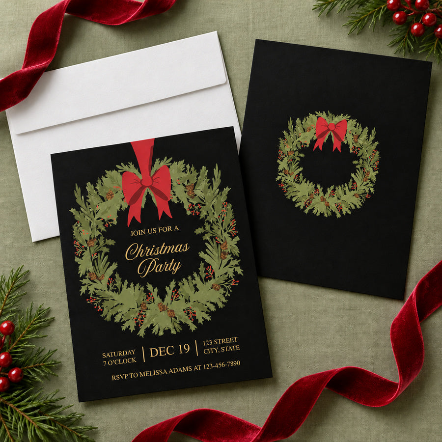 Vintage Evergreen Wreath Christmas party invitation with lush foliage, red bow, and elegant text on dark background.