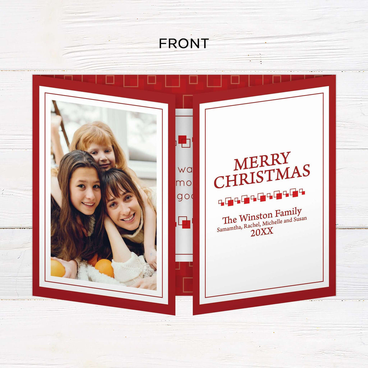 This festive photo card features a bold red square background with playful geometric accents and space for multiple photos. The gatefold layout includes cheerful holiday greetings and is fully customizable with your own images and message. - front.