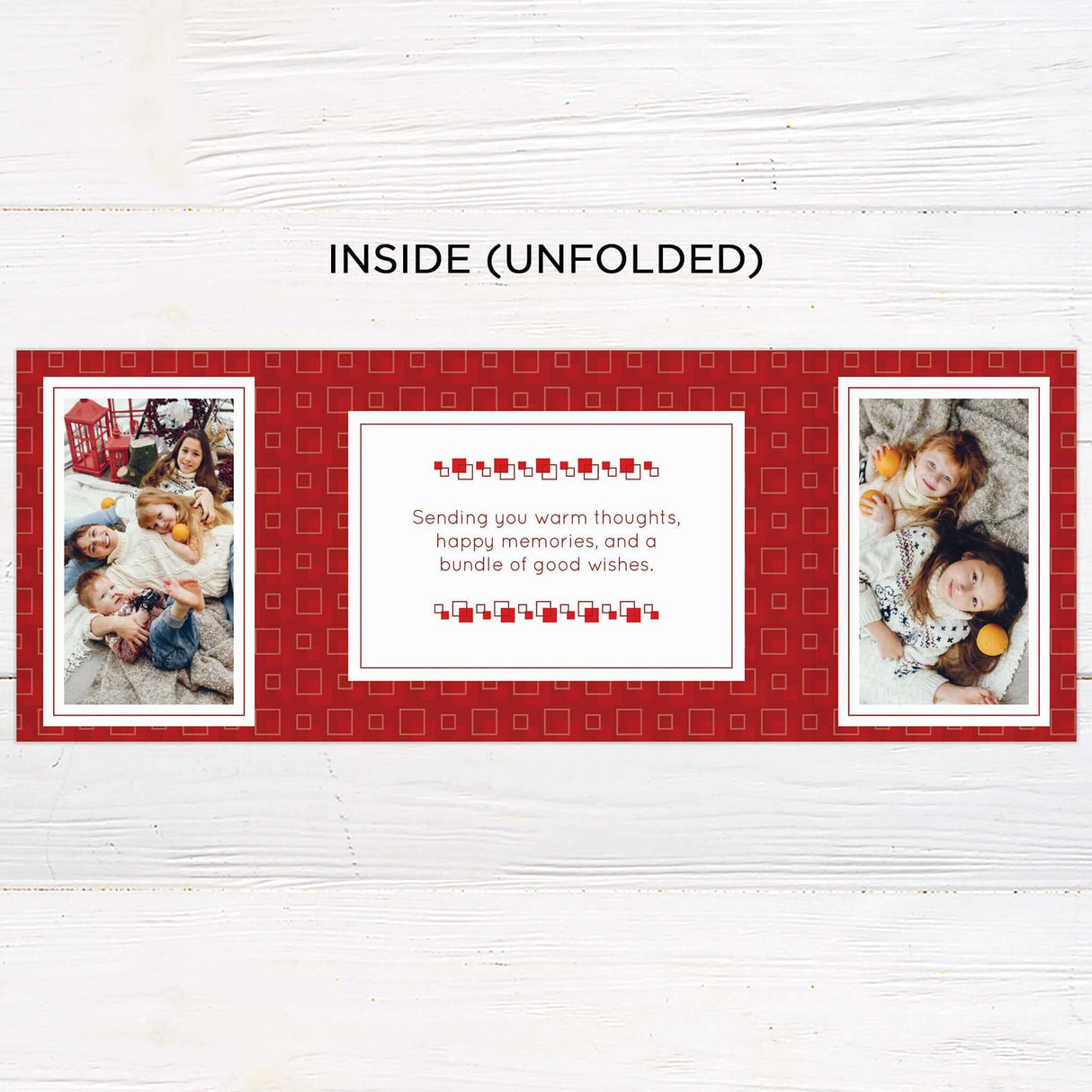 This festive photo card features a bold red square background with playful geometric accents and space for multiple photos. The gatefold layout includes cheerful holiday greetings and is fully customizable with your own images and message. - inside.