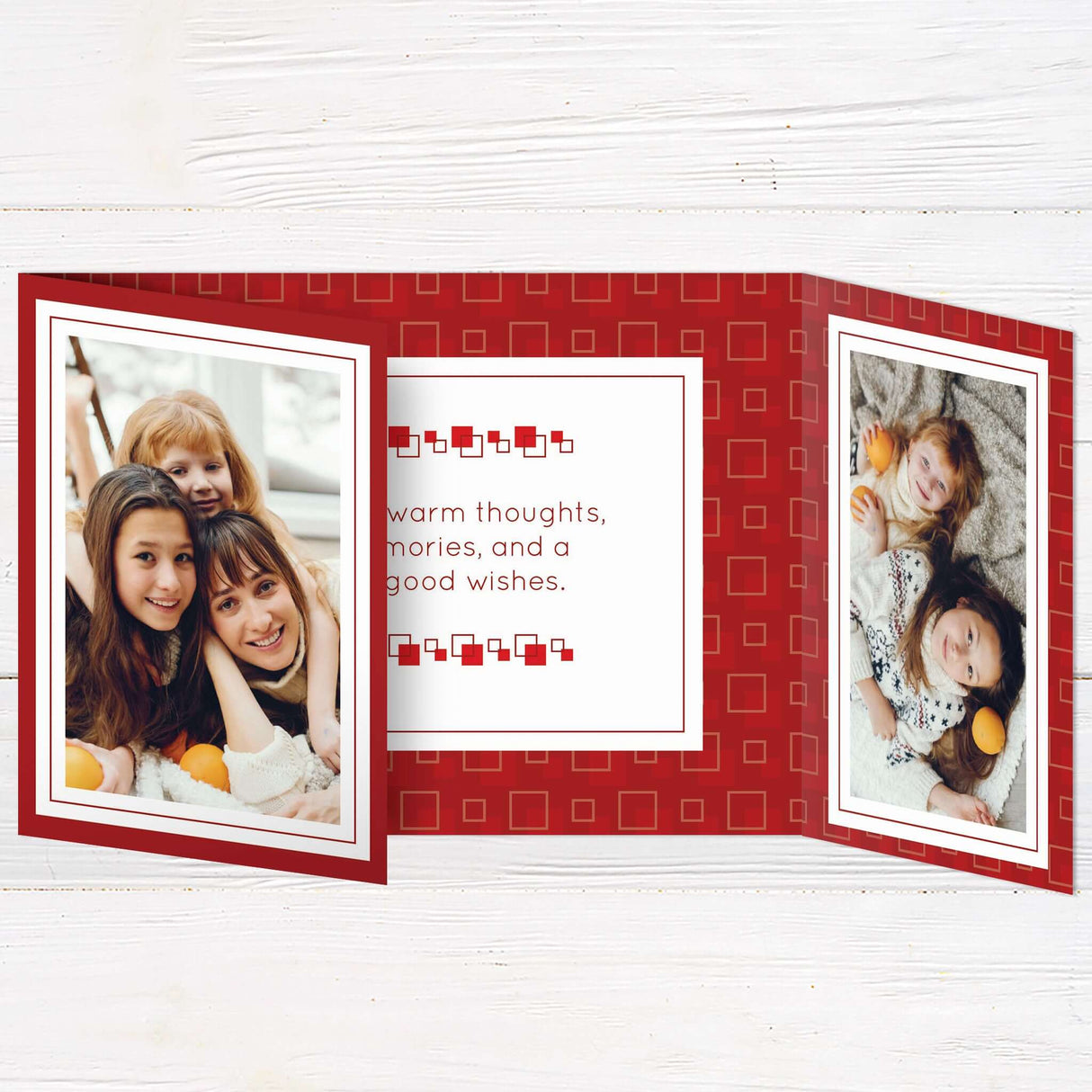 This festive photo card features a bold red square background with playful geometric accents and space for multiple photos. The gatefold layout includes cheerful holiday greetings and is fully customizable with your own images and message.