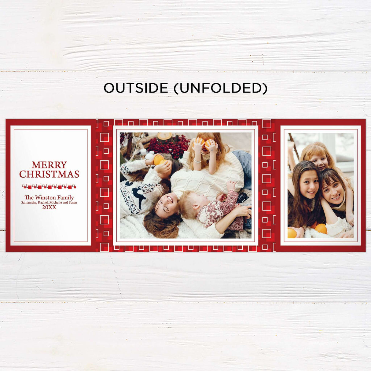 This festive photo card features a bold red square background with playful geometric accents and space for multiple photos. The gatefold layout includes cheerful holiday greetings and is fully customizable with your own images and message. - outside.